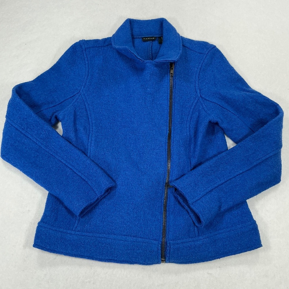 Tahari Womens Royal Blue Boiled Wool Blend Asymmetrical Zip Moto Jacket RN 75343